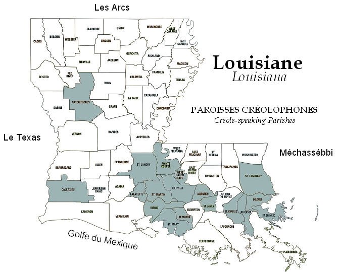 Mapa kreolsky mluvících obyvatel v Louisianě.